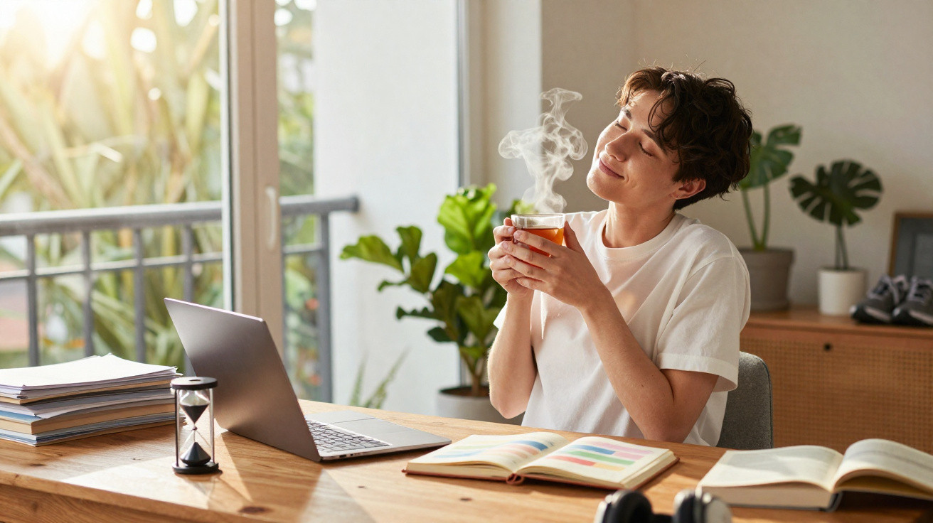 Pessoa relaxa segurando chá quente enquanto trabalha num escritório com laptop e livros.