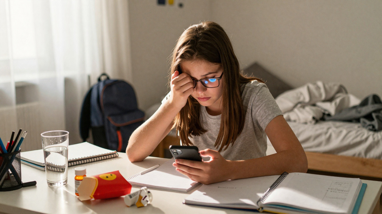 Adolescente com óculos sentada numa mesa de estudo a olhar para o telemóvel, rodeada de cadernos e comida.
