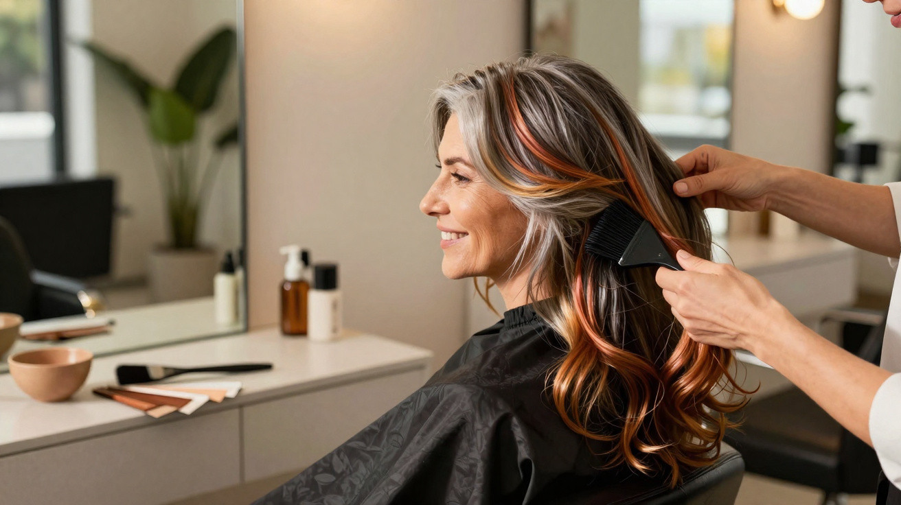 Mulher sorridente a receber coloração de cabelo num salão de beleza moderno e bem iluminado.