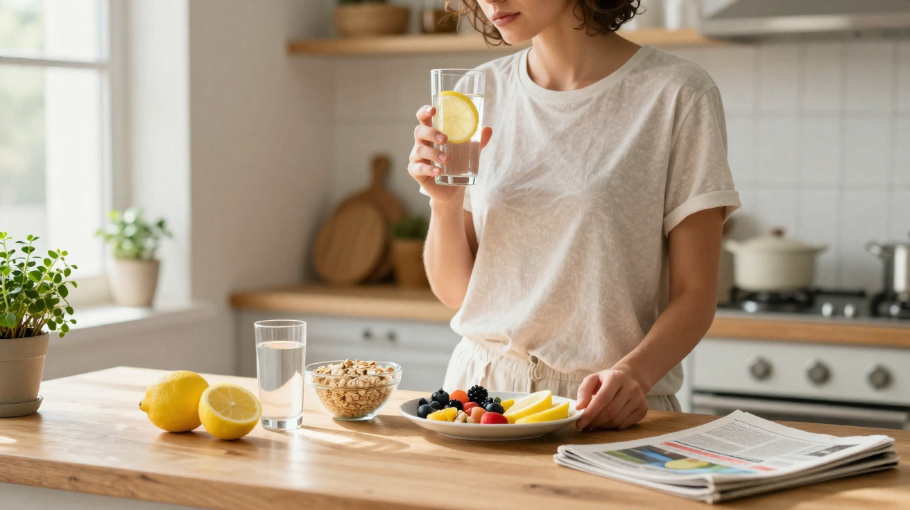 Mulher na cozinha a segurar copo de água com limão, com fruta e cereais na mesa de madeira.