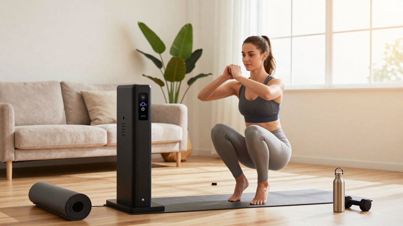 Mulher a fazer exercício de agachamento em casa junto a tapete de yoga e equipamento de fitness.