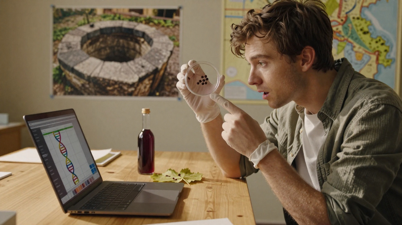 Homem com luvas a analisar sementes numa placa de petri, com laptop a mostrar sequência de DNA numa mesa.