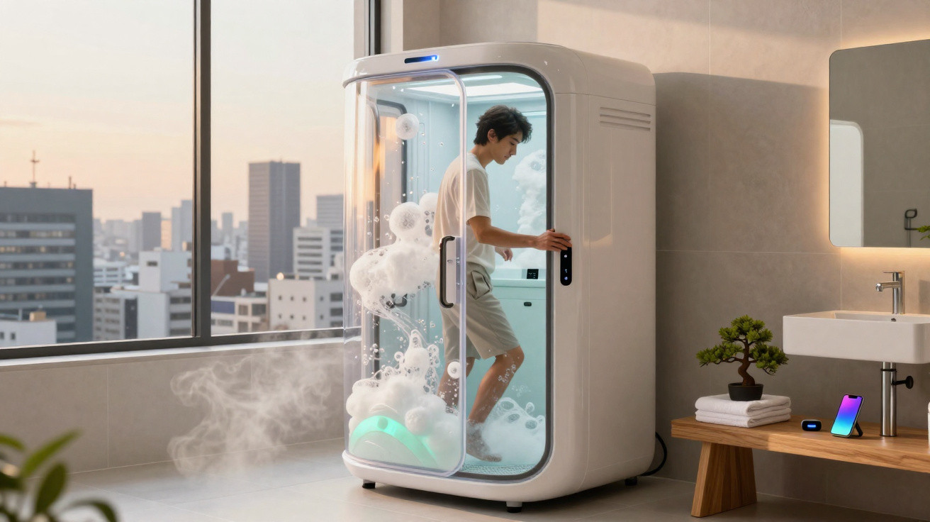 Homem dentro de cabina de banho portátil com espuma e vapor, em casa com vista urbana ao fundo.