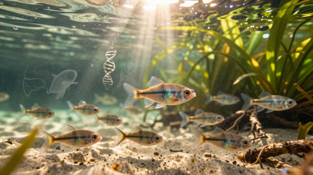 Peixes pequenos nadando em água clara com plantas aquáticas e um modelo de DNA transparente a flutuar.