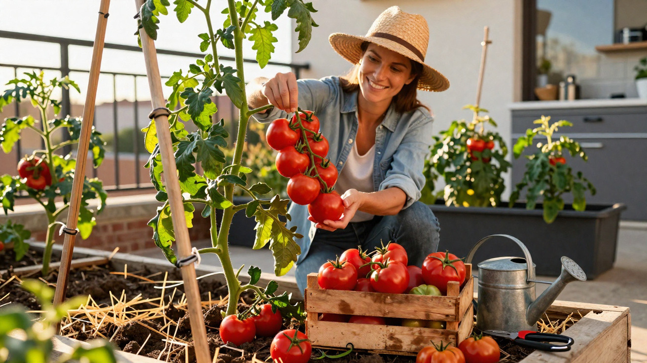 Mulher a colher tomates maduros numa horta urbana, com caixa de madeira e regador ao lado.