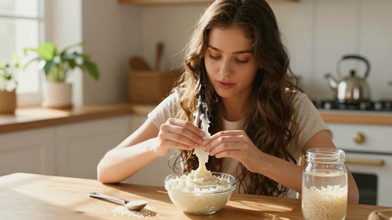 Jovem a preparar arroz doce numa taça numa cozinha luminosa, com jarro de arroz e colher na mesa.