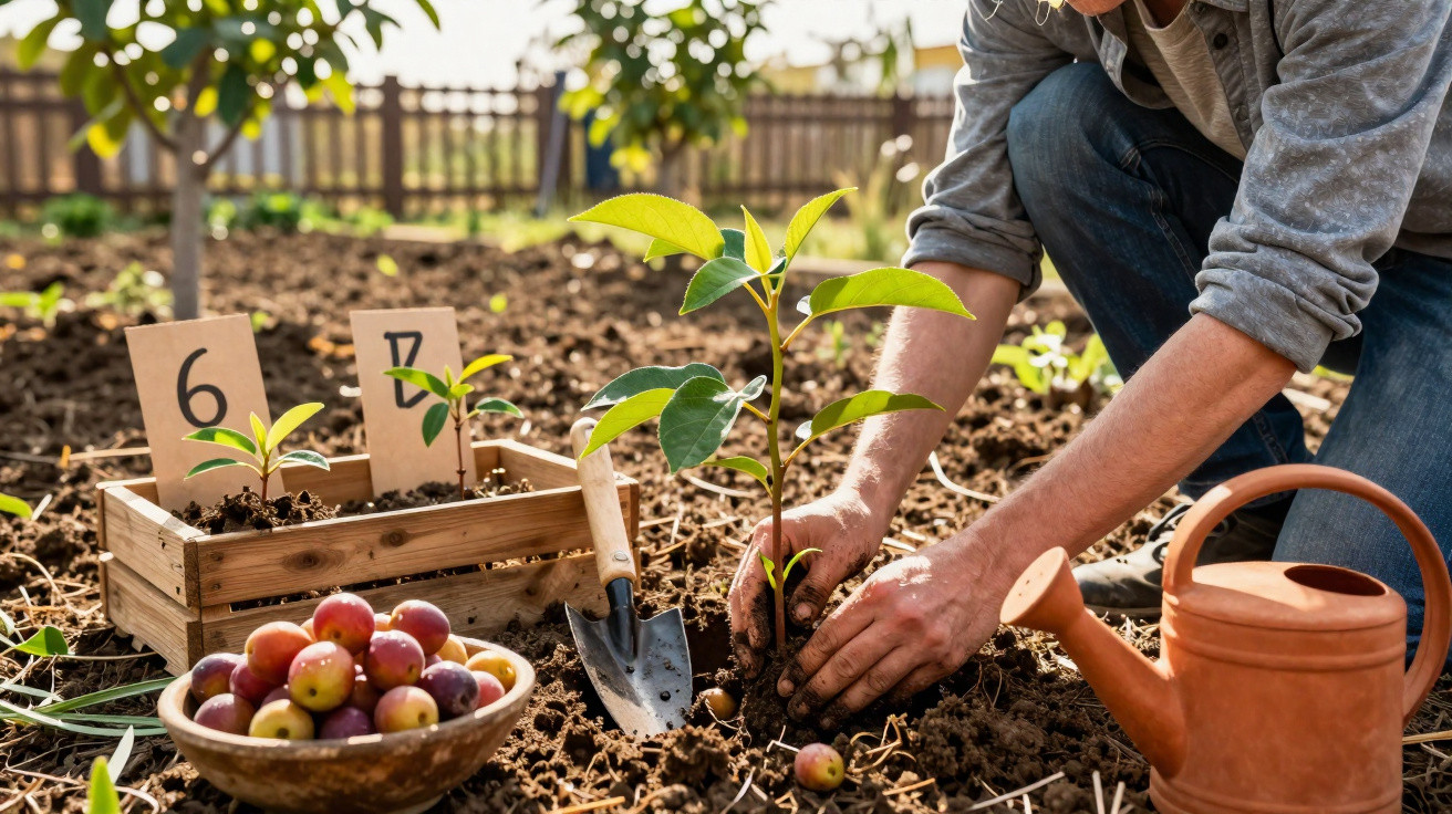 Pessoa a plantar uma muda no solo com regador, sementes marcadas e cesto de frutos ao lado.