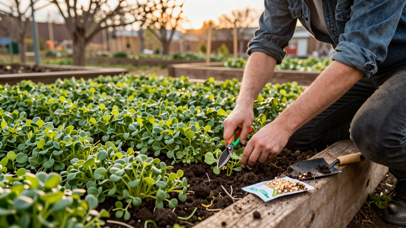 Pessoa a cortar plantas com tesoura de poda numa horta durante o pôr do sol.