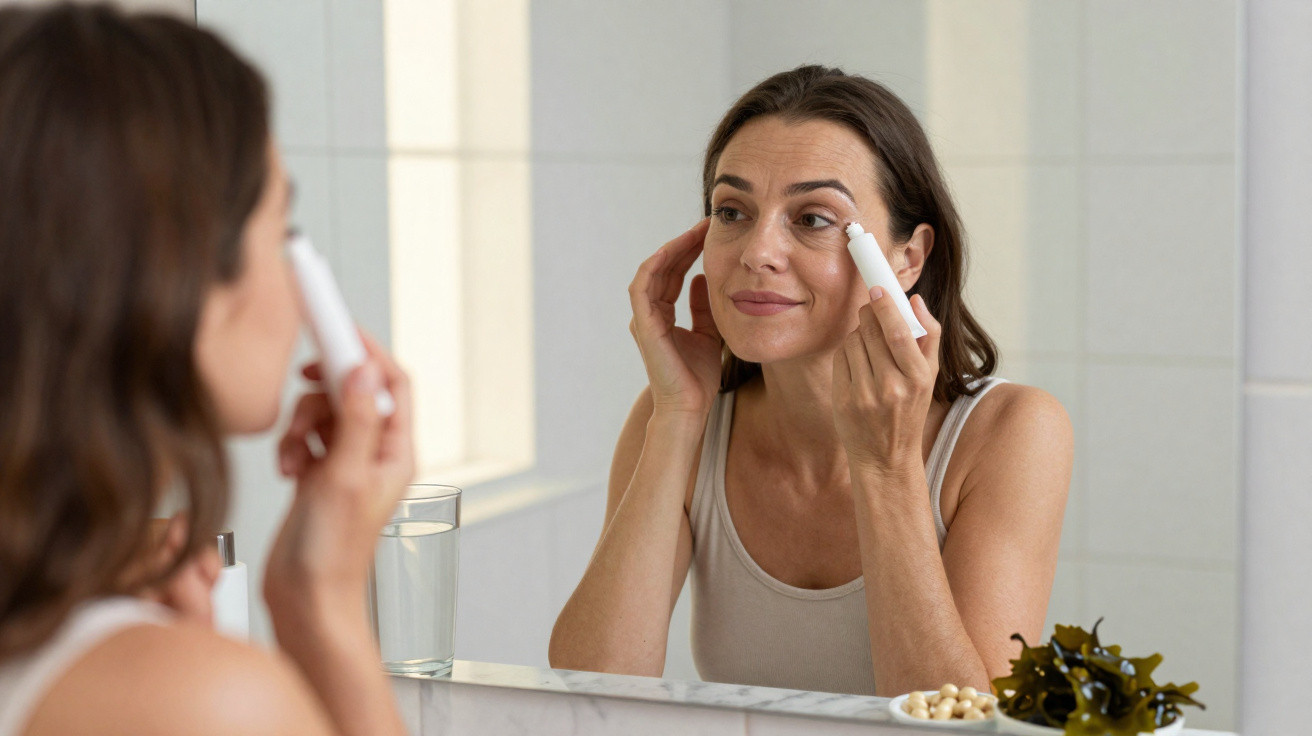 Mulher aplica creme facial junto ao espelho numa casa-de-banho clara, com um copo de água à sua frente.