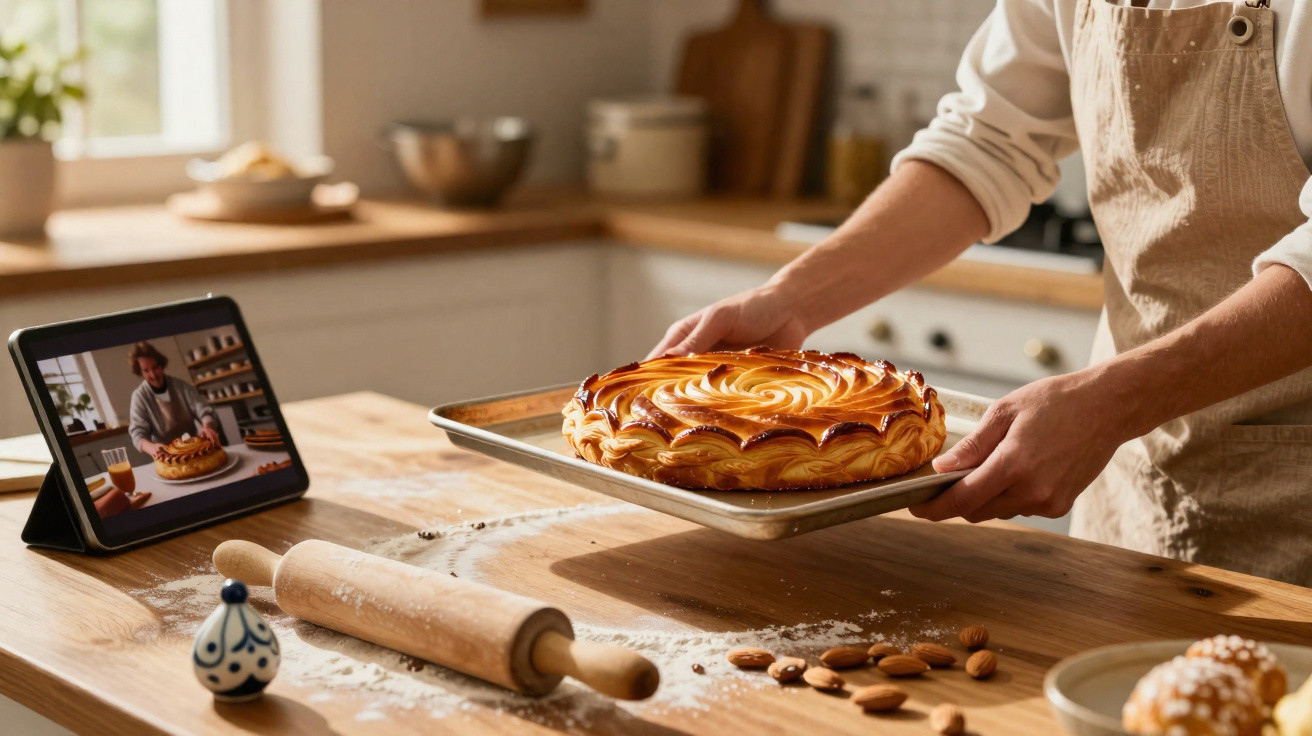Pessoa a segurar tabuleiro com tarte acabada de fazer numa cozinha, com tablet a mostrar vídeo de receita.