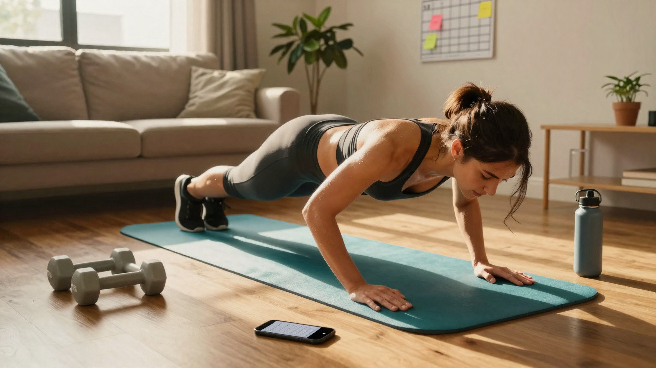 Mulher a fazer flexões num tapete de exercício numa sala com halteres e garrafa de água.