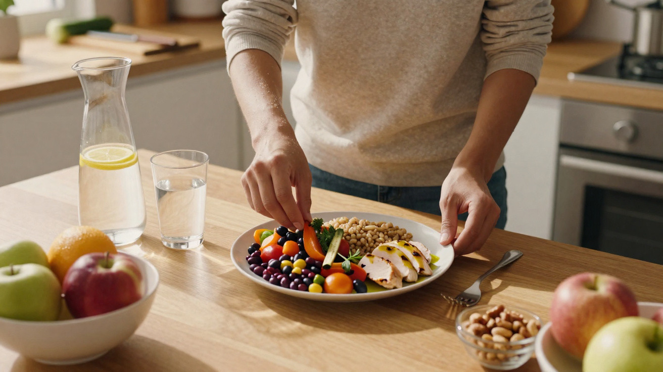Pessoa a preparar prato com salada, frutas e carne numa cozinha iluminada e moderna.