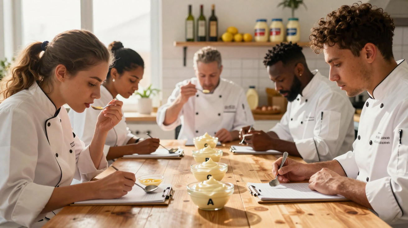 Cinco chefs provam e avaliam diferentes taças de sobremesa num ambiente de cozinha profissional.