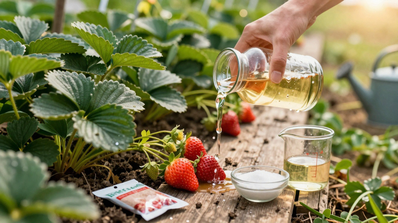 Mão a regar morangos jovens com líquido claro num jardim, com terra, folhas verdes e utensílios de jardinagem.