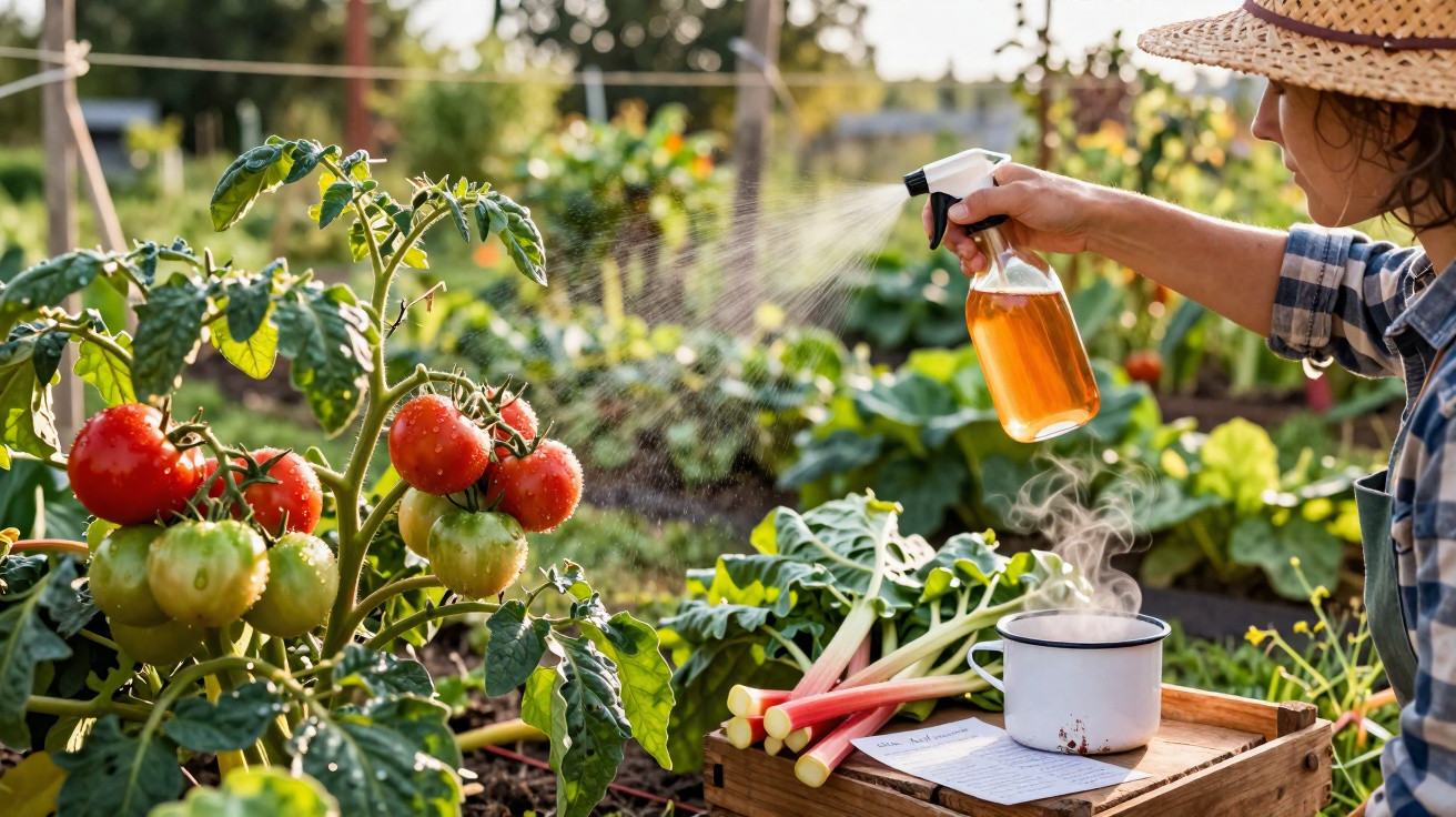 Pessoa a pulverizar plantas num jardim, com tomates maduros e talos de ruibarbo numa caixa.