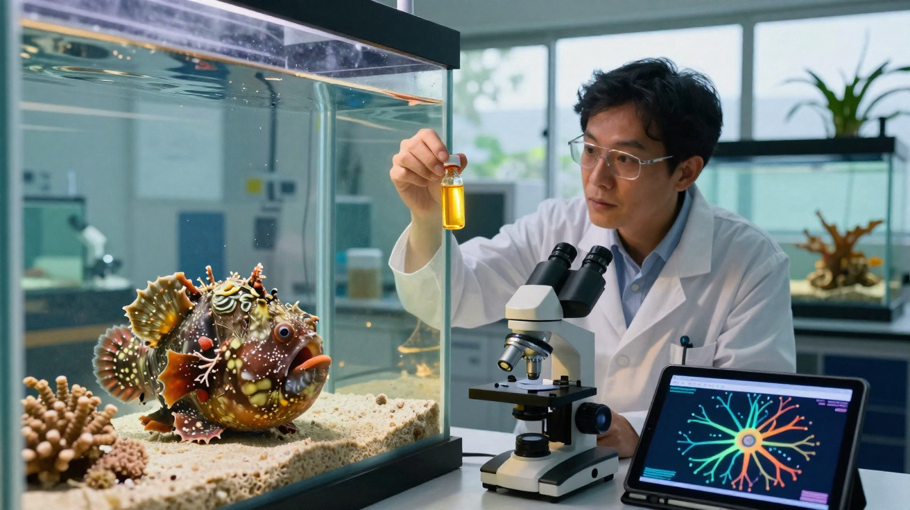 Cientista em laboratório a estudar peixe decorado em aquário, segurando frasco com líquido amarelo.