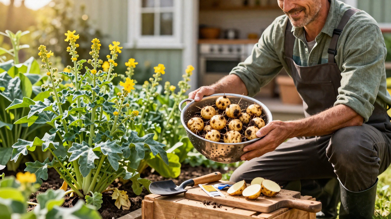 Homem a colher batatas pequenas frescas num cesto junto a plantas num jardim soalheiro.
