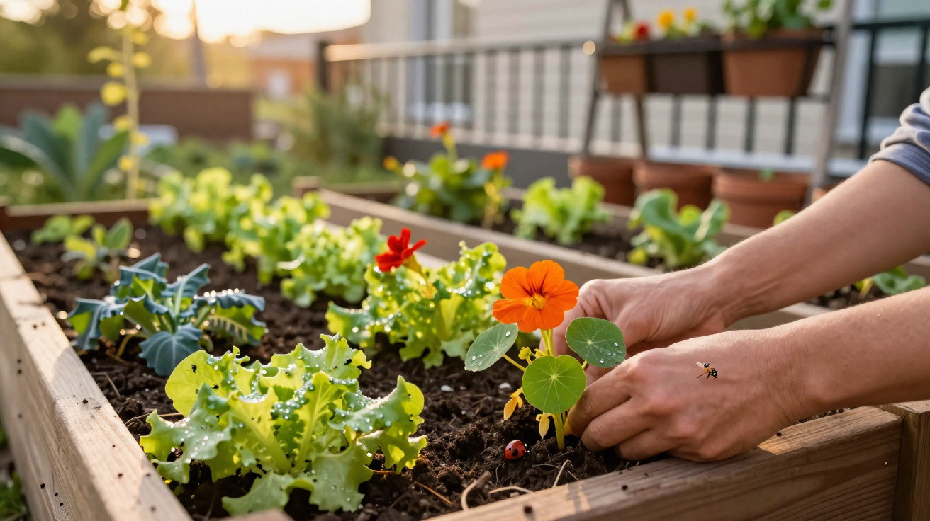 Mãos a cuidar de plantas num canteiro de madeira com flores e alfaces ao pôr do sol.