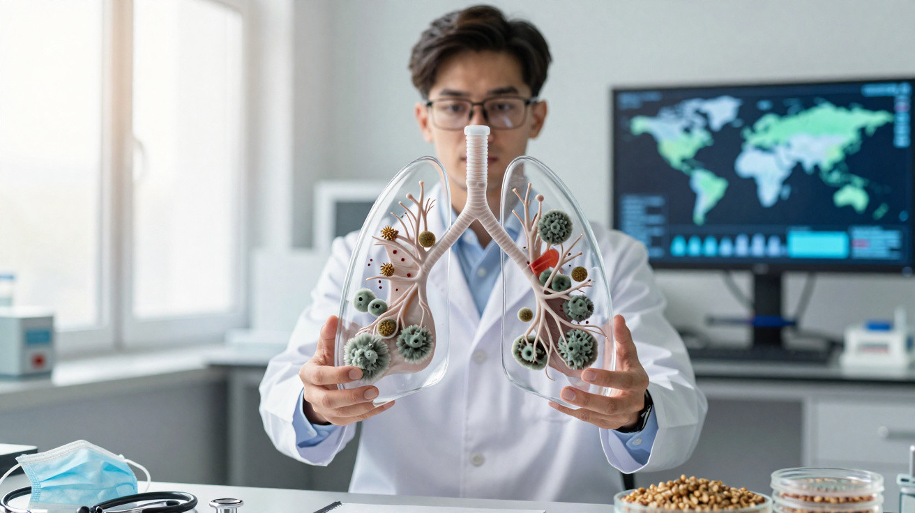 Médico com modelo transparente de pulmões mostrando vírus e bactérias numa sala de laboratório moderna.