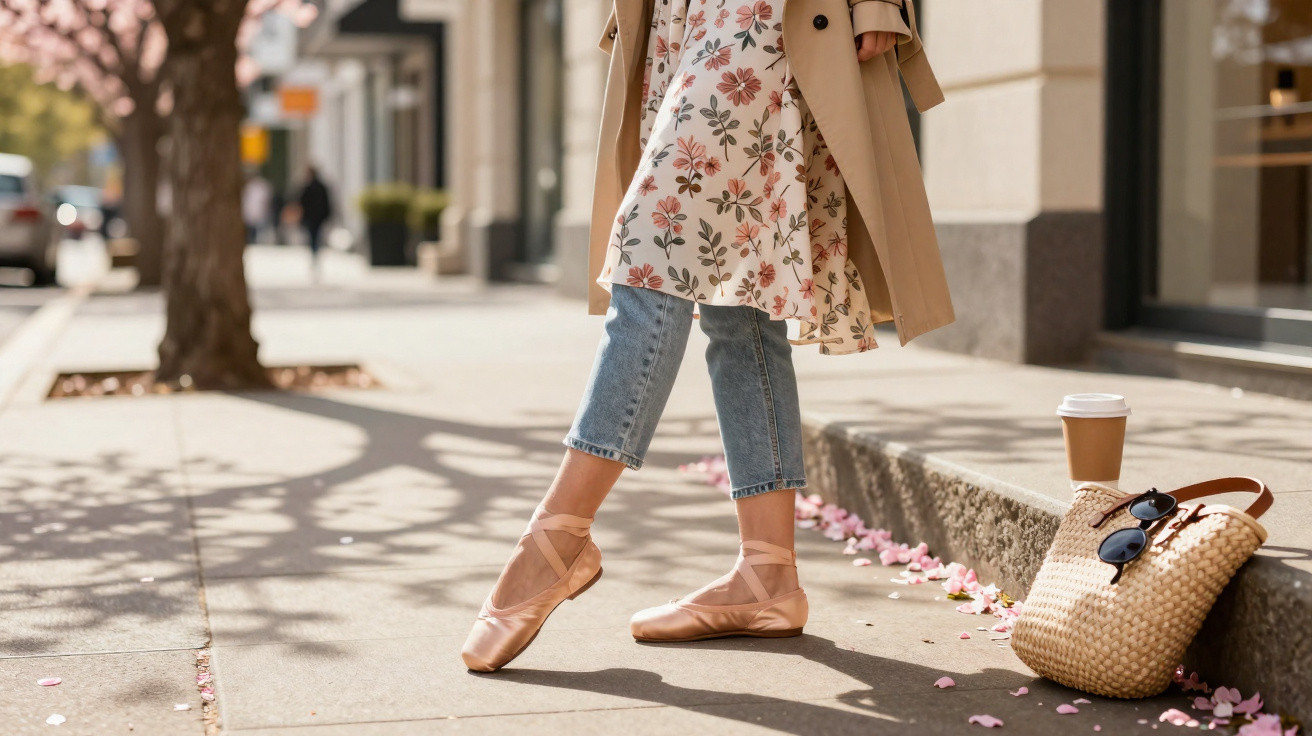 Pessoa com sapatilhas de ballet e roupa casual numa calçada com flores caídas, ao lado de uma mala e um café.