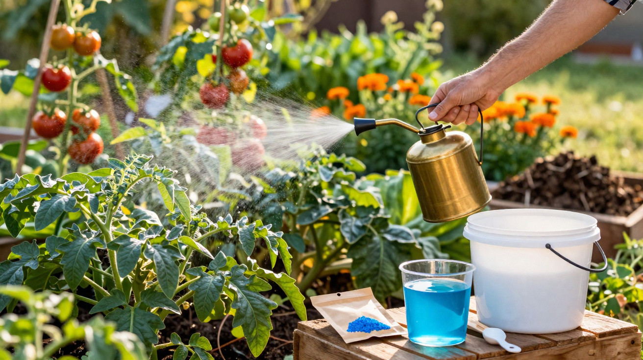 Pessoa pulveriza planta de tomate com líquido azul num jardim ao ar livre.