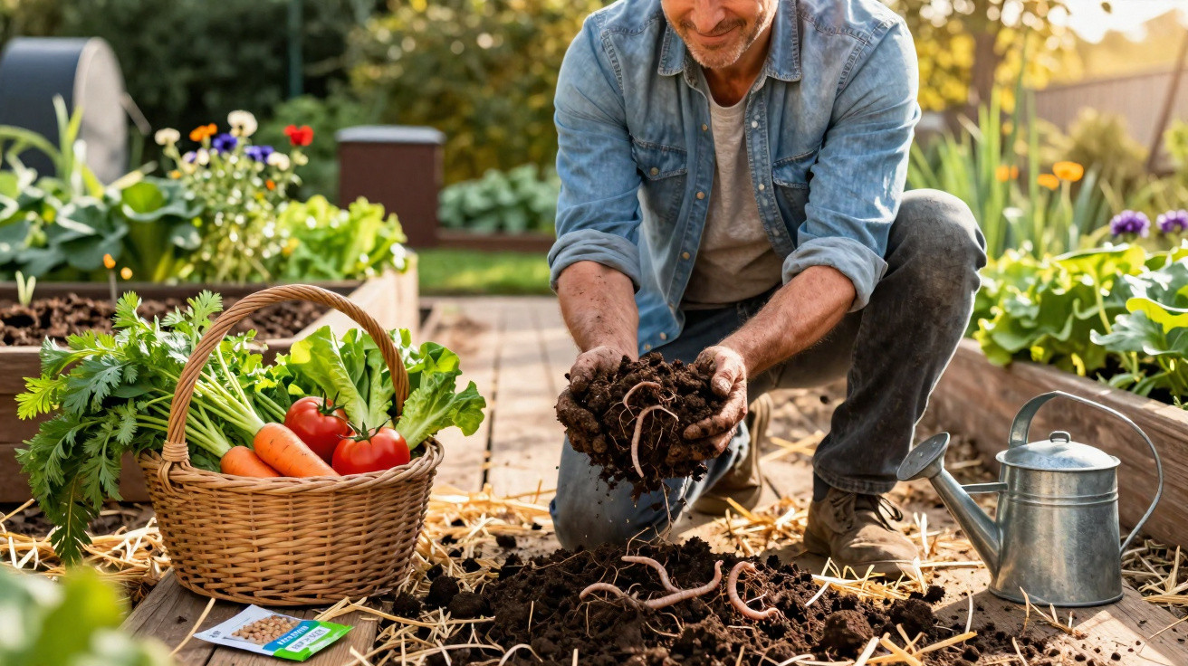 Homem a cultivar terra com minhocas num canteiro, cesto com legumes frescos e regador ao lado.
