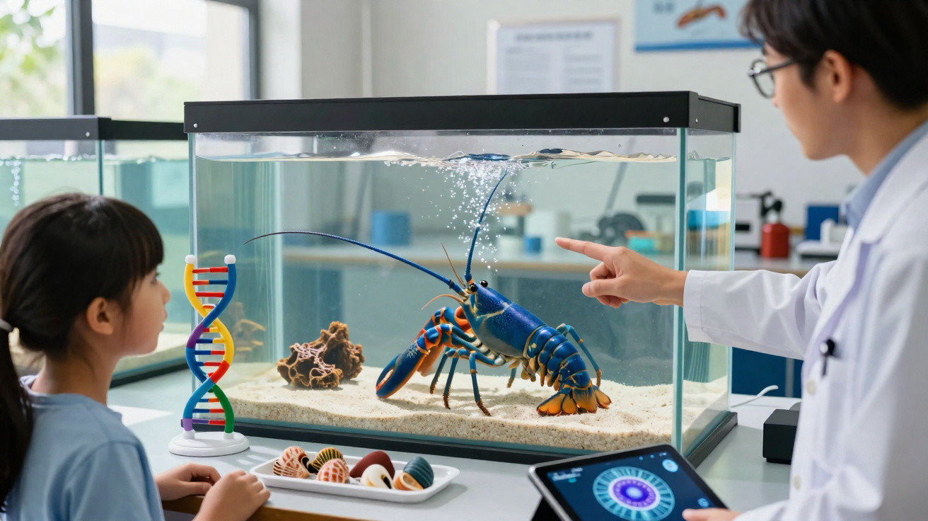 Criança e cientista observam lagosta azul dentro de aquário em laboratório, com modelo de DNA na mesa.