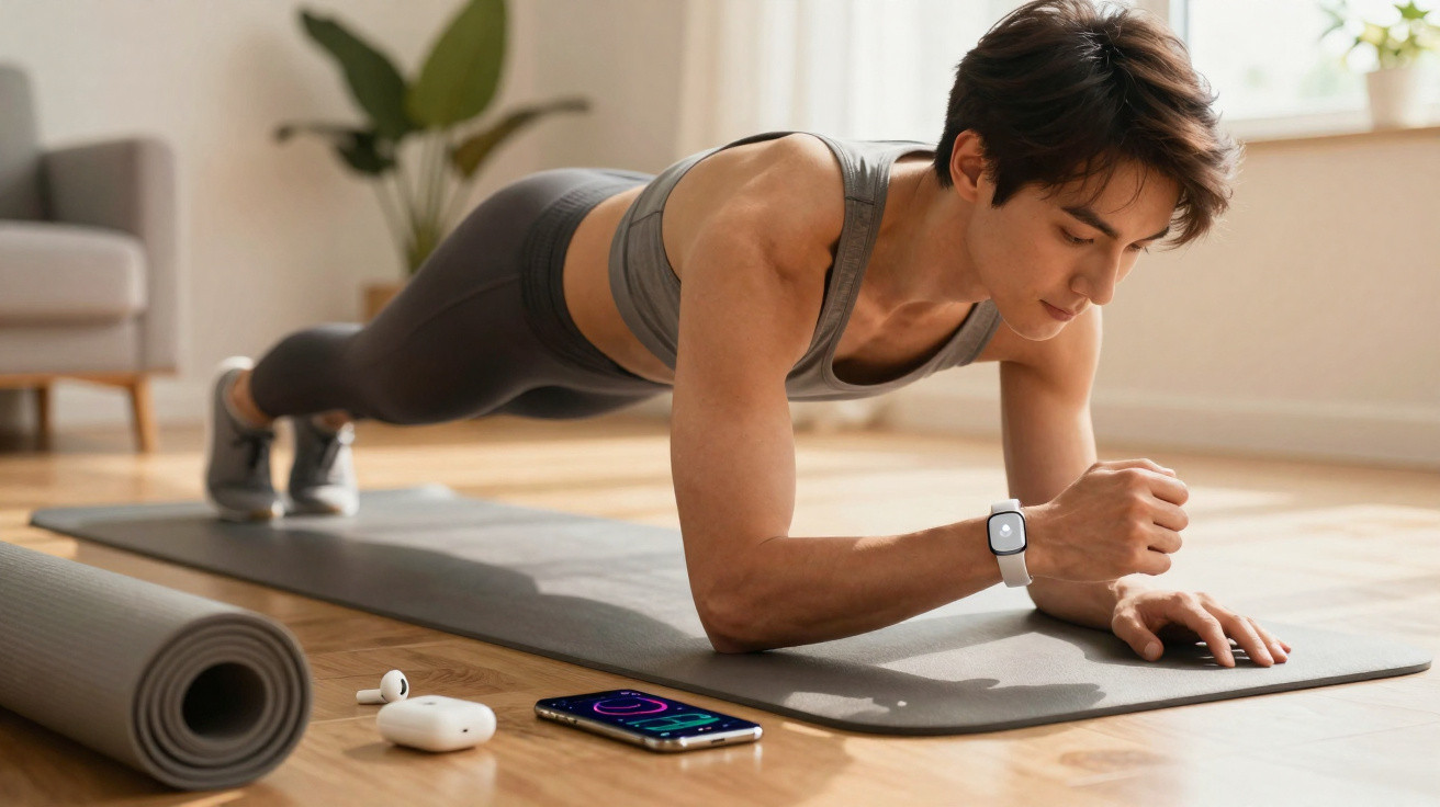 Pessoa a fazer prancha abdominal num tapete de exercício dentro de casa, com auriculares e telemóvel no chão.