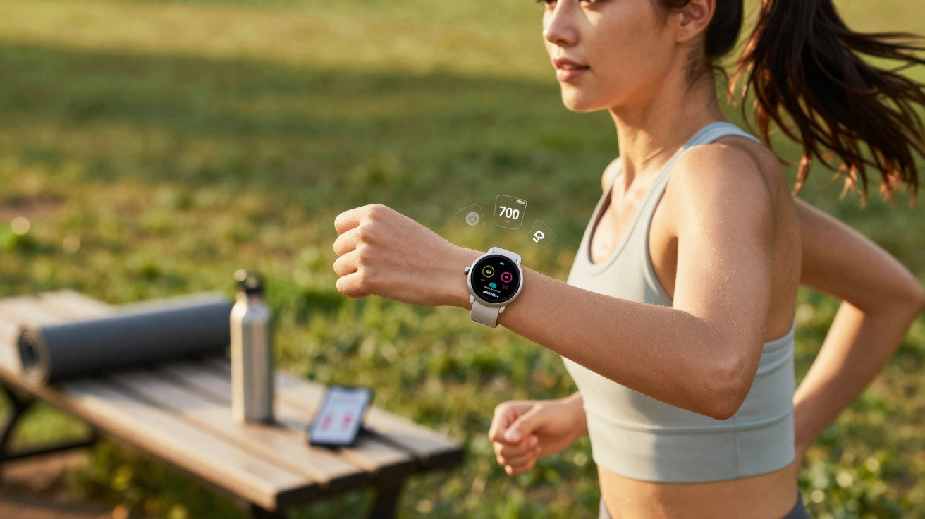 Mulher a correr ao ar livre a usar relógio inteligente para monitorizar atividade física.