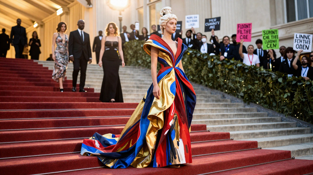 Mulher com vestido colorido e extravagante desce escadas vermelhas em evento elegante com público ao fundo.