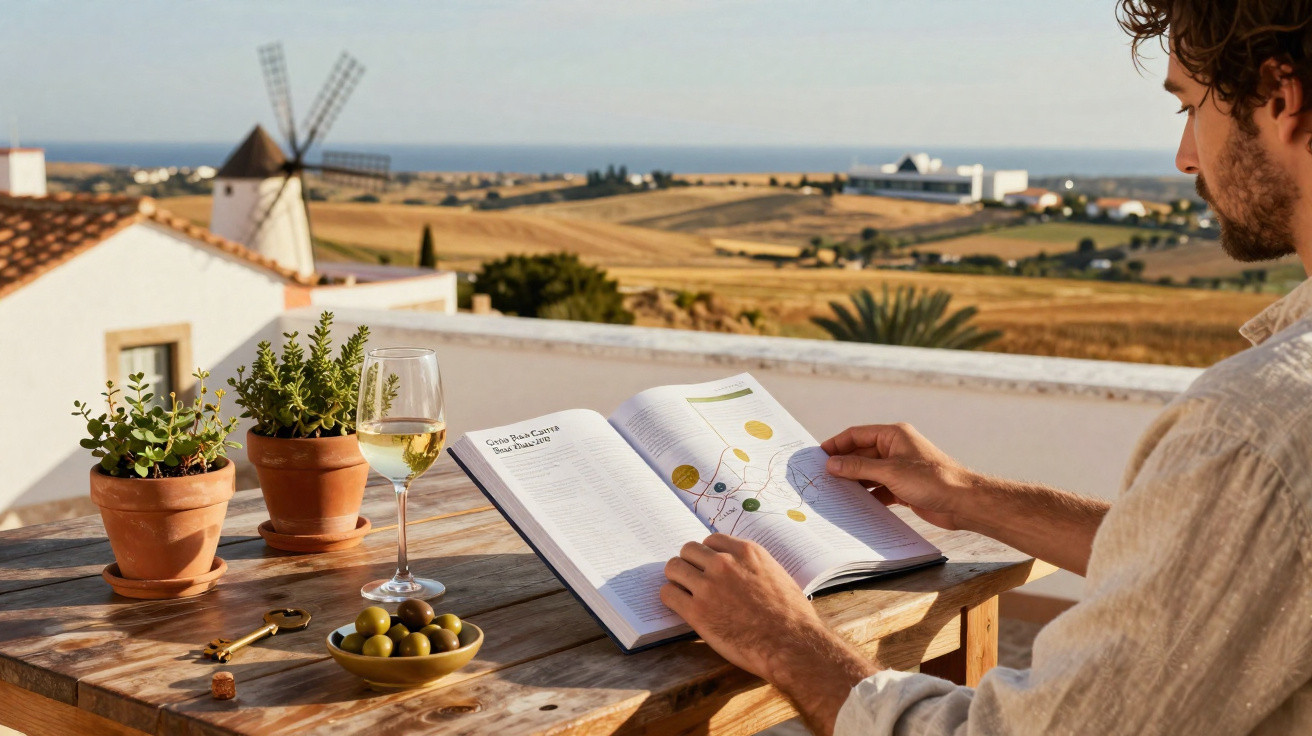 Homem a ler livro numa varanda com azeitonas, copo de vinho e moinho ao longe numa paisagem rural.