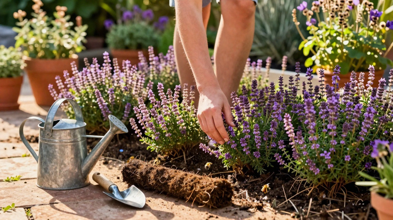 Pessoa a cuidar de plantas de lavanda num jardim com regador e enxada ao lado.
