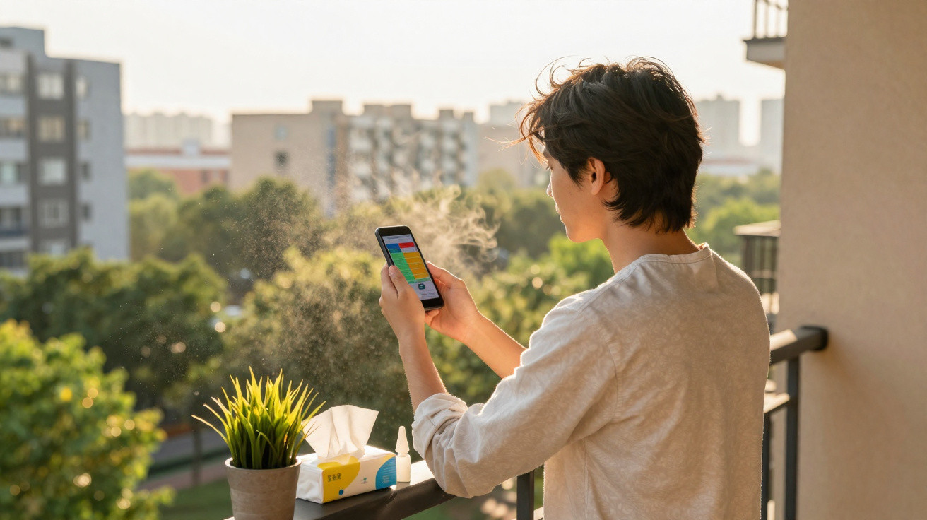 Pessoa numa varanda a usar um smartphone, com plantas e lenços ao lado, ao pôr do sol na cidade.