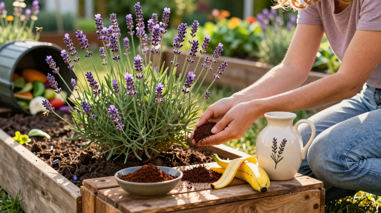 Pessoa a colocar borra de café em vaso junto a planta de lavanda num jardim elevado.