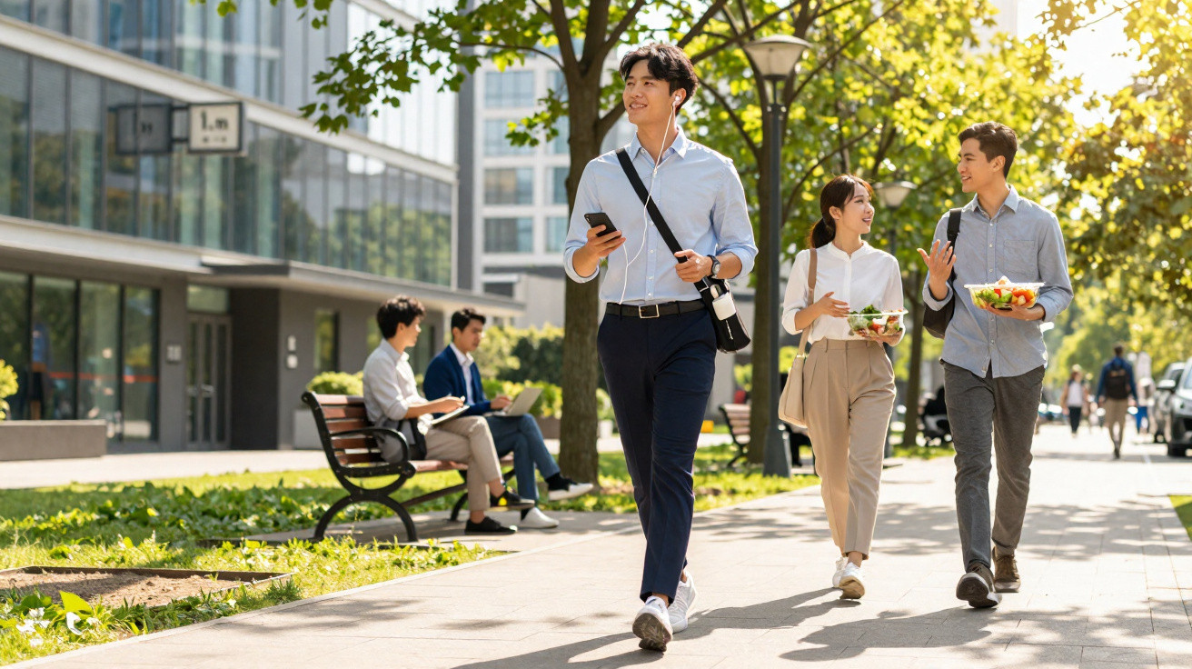 Três jovens caminham num passeio urbano com árvores, enquanto duas pessoas estão sentadas em bancos ao fundo.