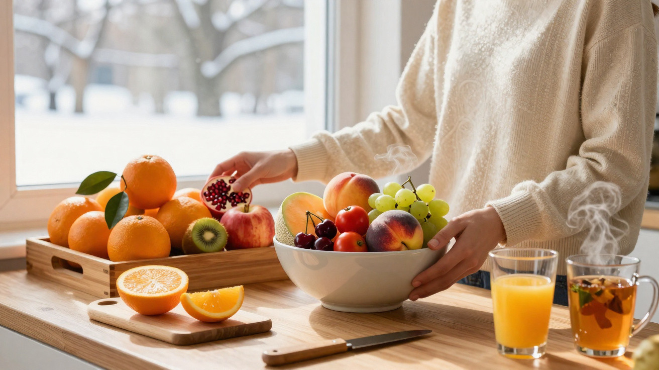 Pessoa a preparar uma taça de frutas frescas num balcão de cozinha com sumo e chá quente ao lado.