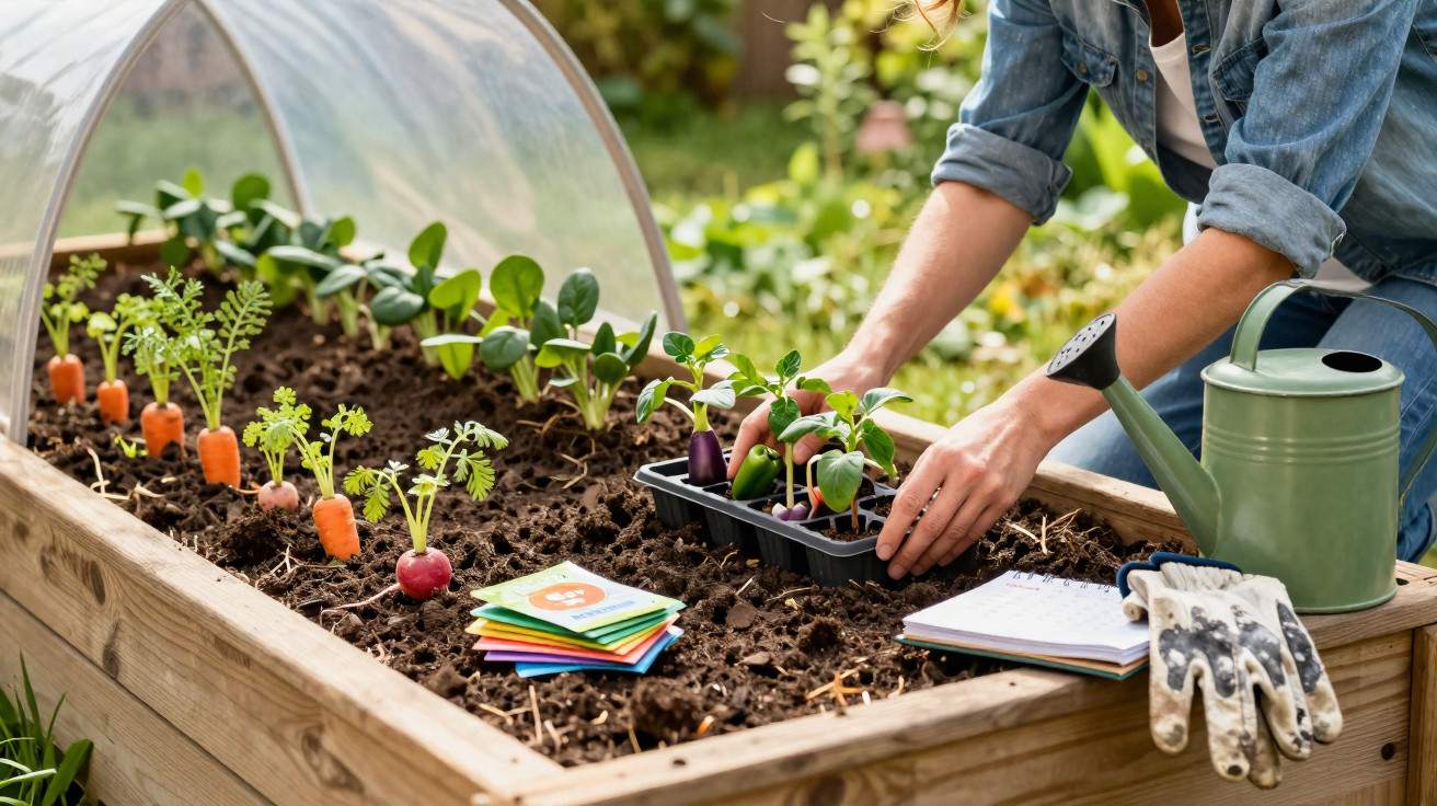 Pessoa a plantar mudas numa horta elevada com cenouras, regador e luvas de jardinagem ao lado.