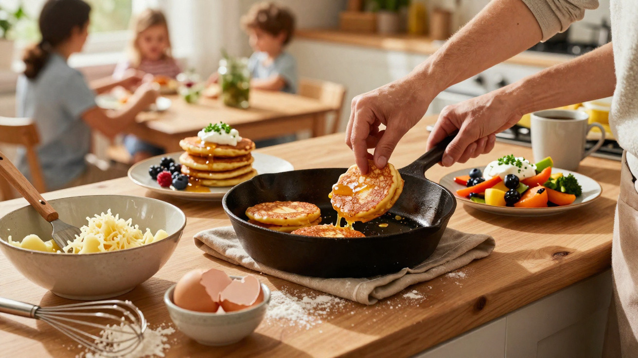 Mãos a cozinhar panquecas numa frigideira com tigela de ingredientes e família ao fundo numa cozinha iluminada.