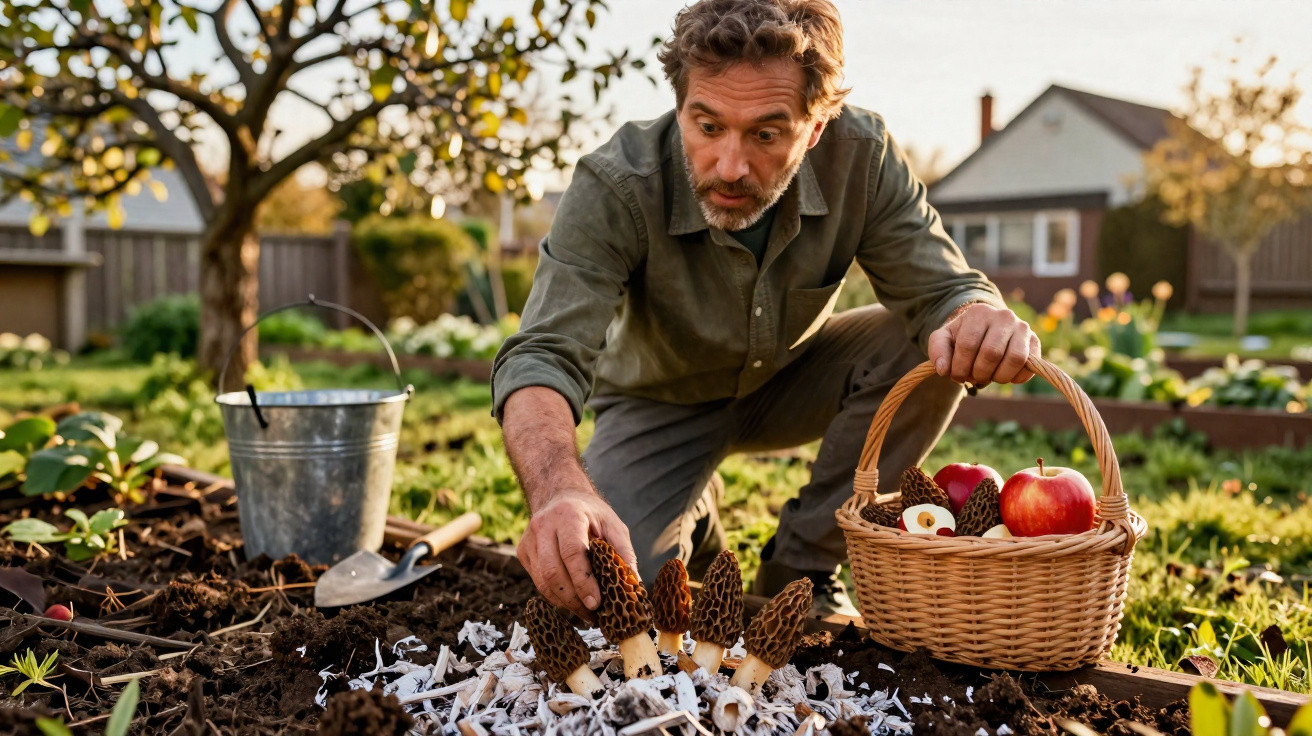 Homem colhe cogumelos morchella num jardim com cesta de frutas ao lado durante o dia.