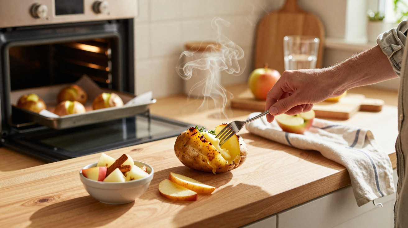 Mão a partir uma batata quente com vapor, maçãs no forno e tacho com pedaços de maçã na cozinha.