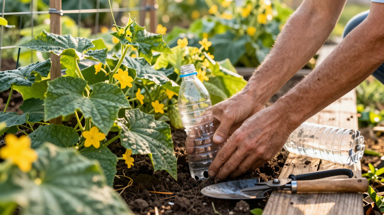 Mãos a colocar garrafa perfurada no solo para regar plantas com flores amarelas num jardim.