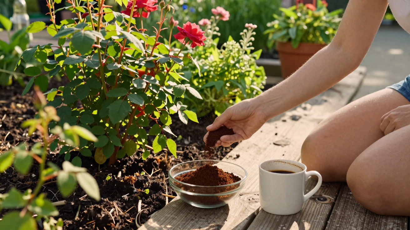 Pessoa a colocar borra de café como adubo junto a plantas floridas num jardim ensolarado.