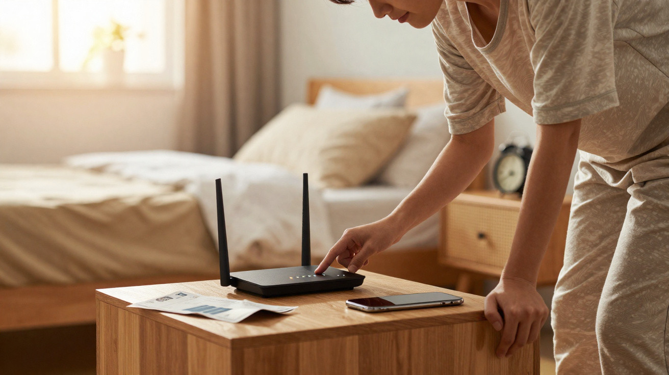 Pessoa a ligar um router Wi-Fi numa mesa de cabeceira de madeira num quarto acolhedor.