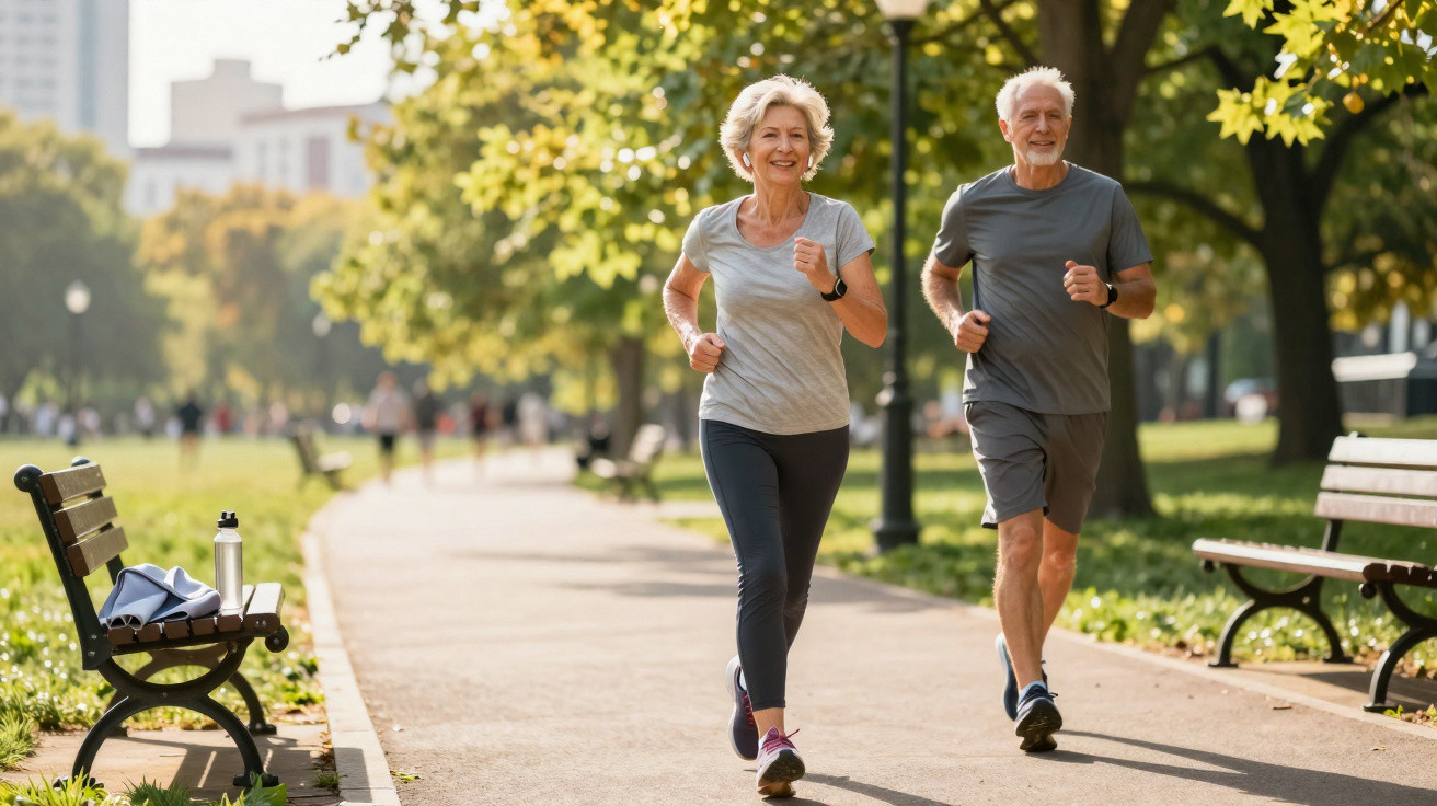 Casal sénior a correr e sorrir num parque ensolarado com bancos e árvores ao fundo.