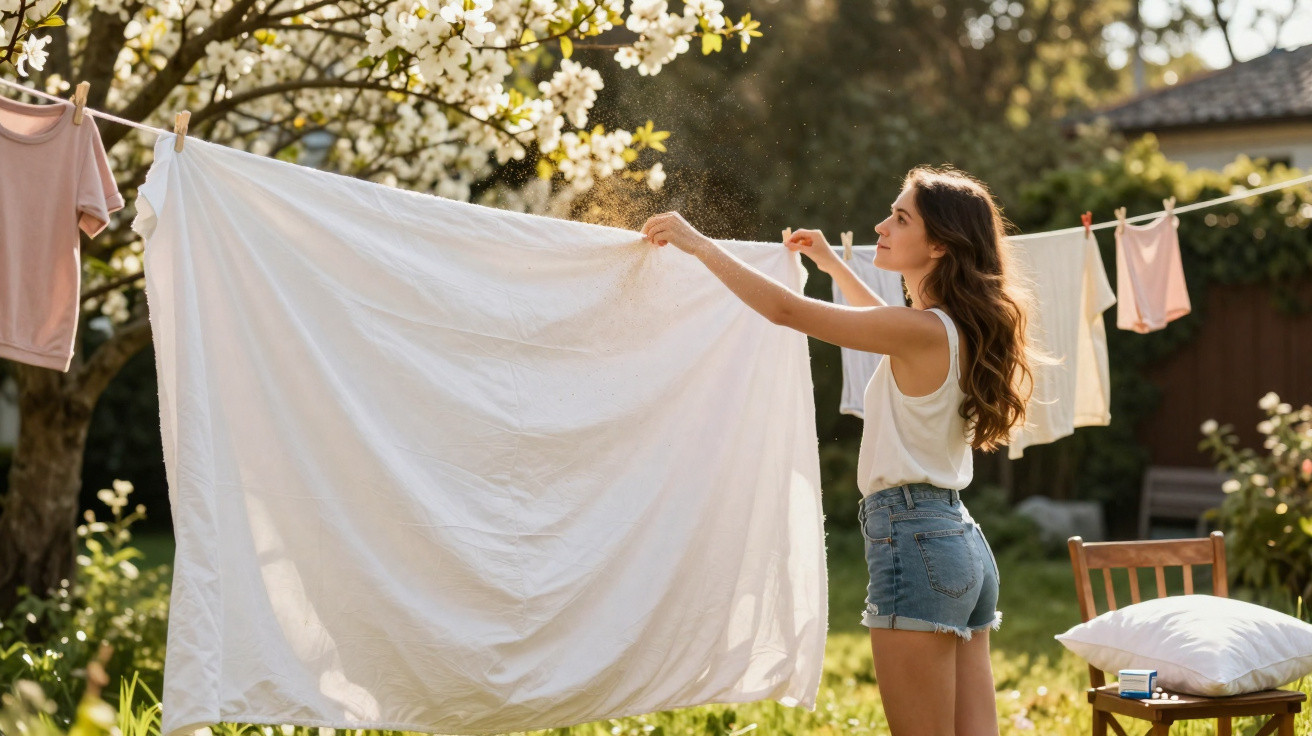 Jovem a estender lençol branco num varal ao ar livre num dia ensolarado de primavera.