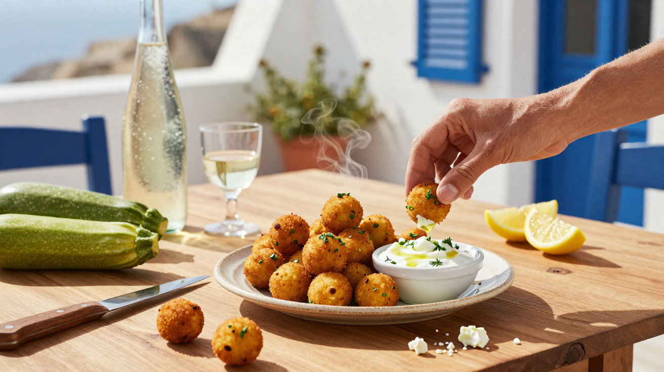 Mão a pegar bolinhas fritas numa mesa de madeira com molho branco, limão, courgettes e copo de bebida.