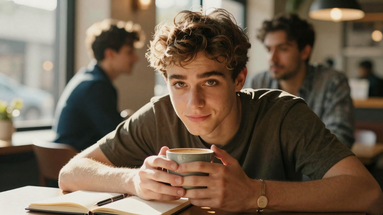 Jovem a segurar uma chávena de café numa mesa com um caderno aberto num café iluminado naturalmente.