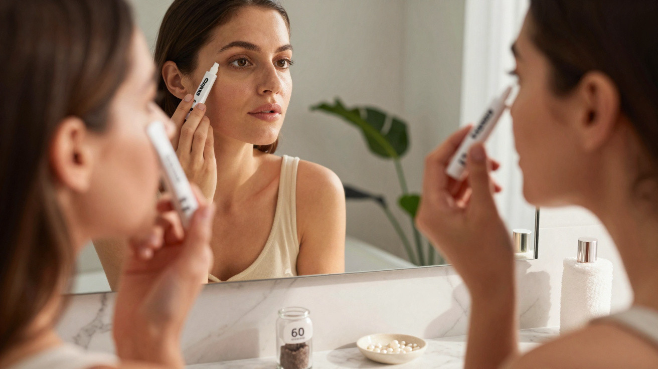 Mulher a aplicar roll-on de cuidado facial junto a espelho num ambiente calmo e luminoso.