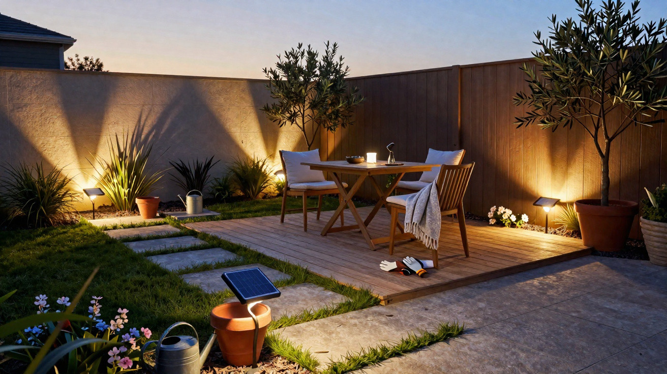 Zona de lazer exterior à noite com mesa, cadeiras de madeira, plantas e iluminação suave.