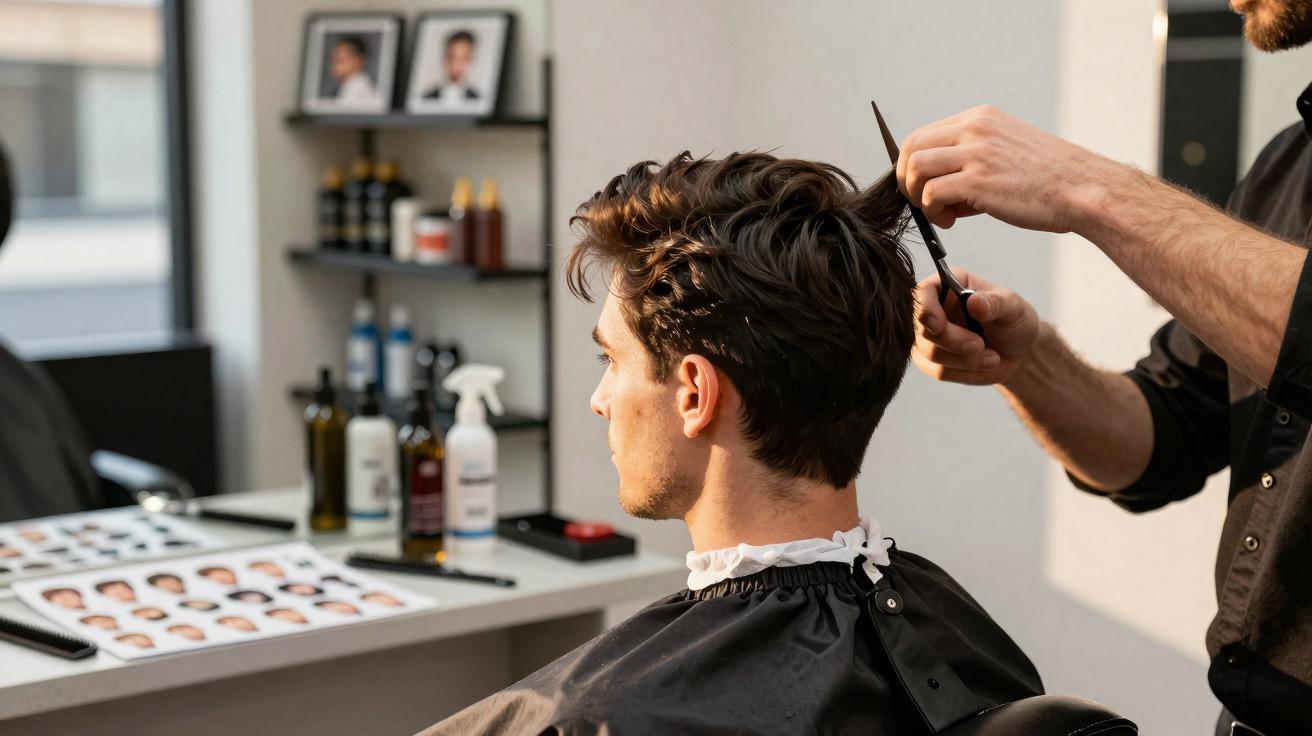 Homem a cortar cabelo num salão com tesoura, à frente espelho e catálogo de cortes.